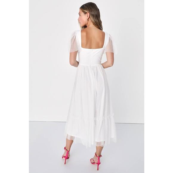 NWT Lulus Dreamy Celebration White Tulle Bustier Swiss Dot Midi Dress Bride XS - Picture 2 of 10
